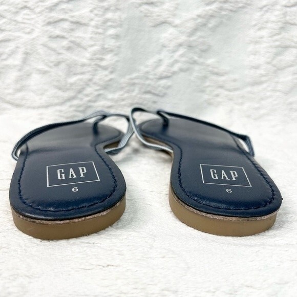 GAP Flip Flops Navy Leather Railroad Stripe Fabric Strap Thong Sandals - Picture 5 of 9